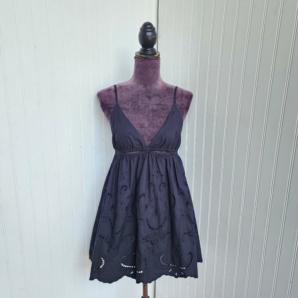 Zara Black Cotron Eyelet Sleveless Tank Mini Tiered Dress Bodysuit Sz M